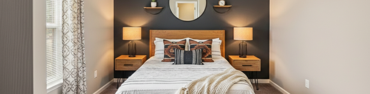 Bedroom at Grentton Place Apartments in Greensboro, NC featuring neutral walls, plush carpeting, modern lighting, and private bathroom access in a comfortable 2 bedroom apartment near Greensboro shopping, dining, and major employers.