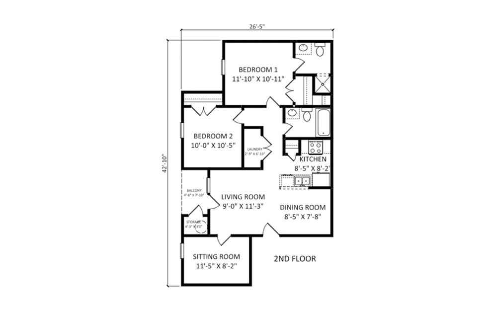The Ashley - 2 bedroom floorplan layout with 2 bath and 1092 square feet (1st floor 2D)