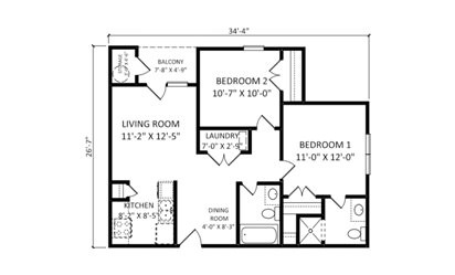 The Chelsea - 2 bedroom floorplan layout with 2 bath and 884 square feet