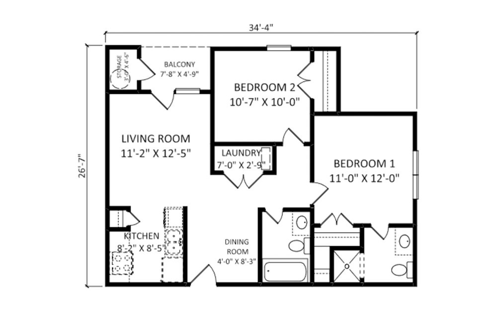 The Chelsea - 2 bedroom floorplan layout with 2 bath and 884 square feet (1st floor 2D)