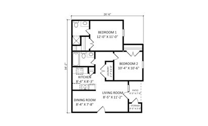 The Eddington - 2 bedroom floorplan layout with 2 bath and 884 square feet