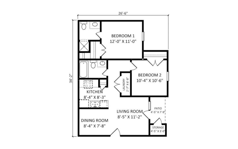 The Eddington - 2 bedroom floorplan layout with 2 bath and 884 square feet (1st floor 2D)